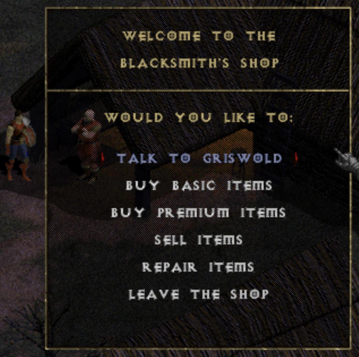 tristram blacksmith's shop from Diablo I UI screenshot (English)