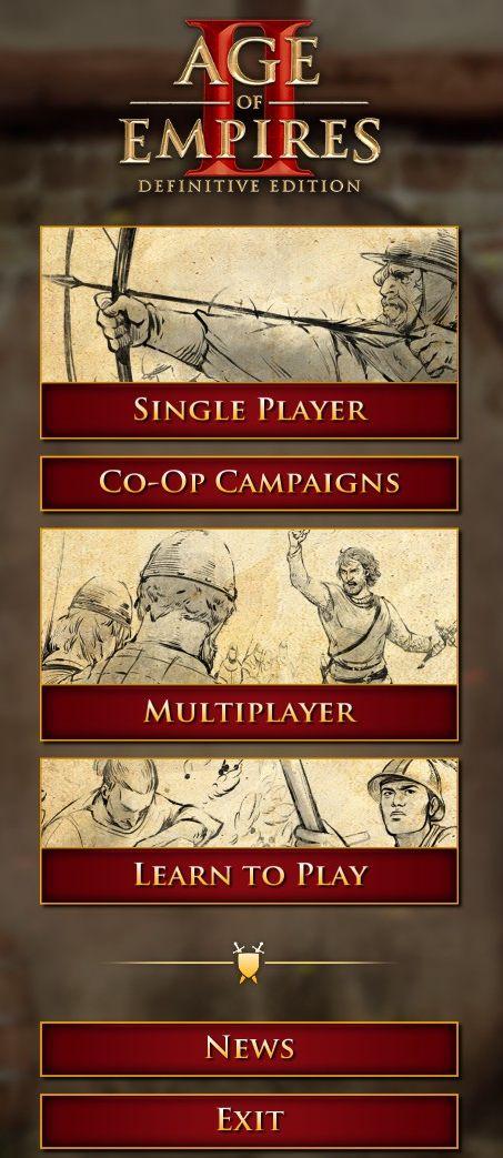 main menu: single player campaigns, multiplayer, learn to play from Age of Empires 2 Definitive Edition UI screenshot (English)