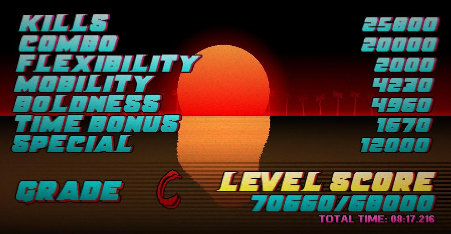 level score - kills, combo, mobility, time bonus, resulting grade from Hotline Miami 2 UI screenshot (English)