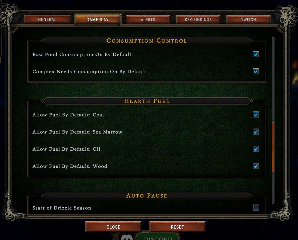 hearth fuel and food consumption control, game settings from Against the Storm UI screenshot (English)