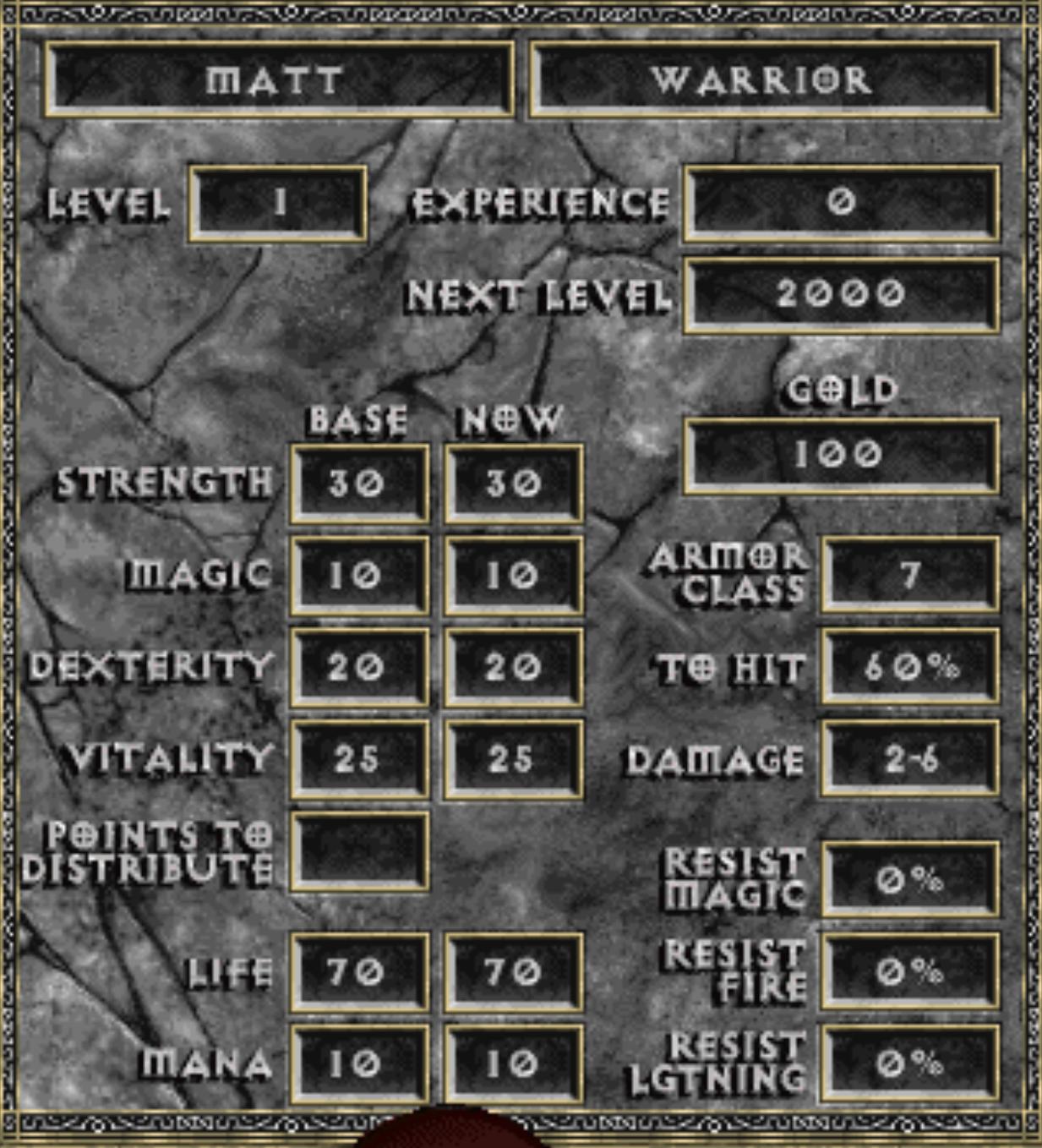 new game warrior stats from Diablo I UI screenshot (English)