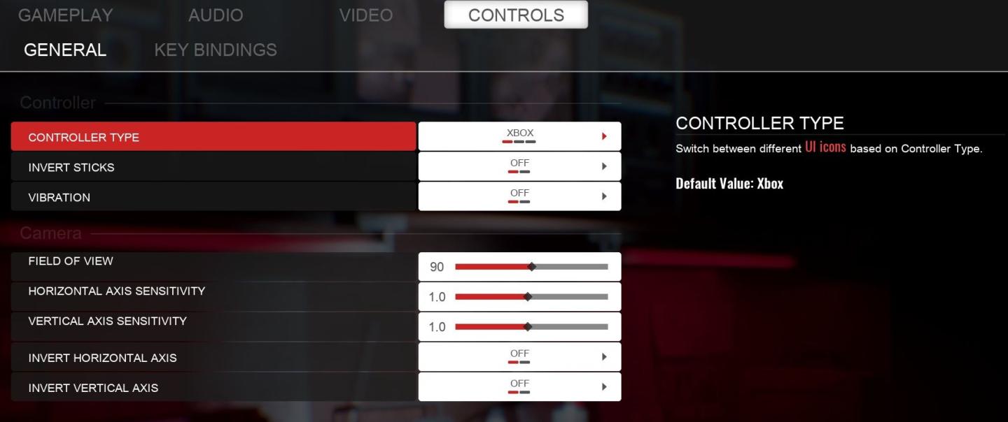 controls menu from Panicore UI screenshot (English)