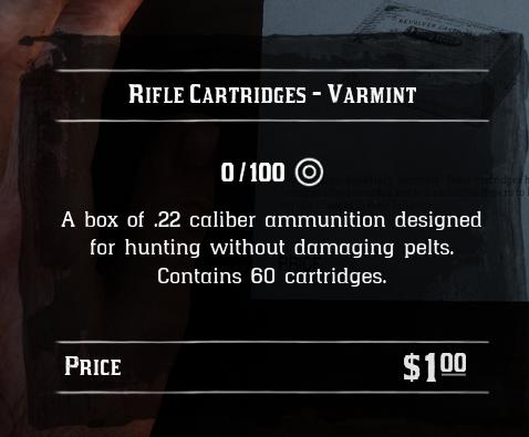 ammunition shop item description ammo cartridge contains from Red Dead Redemption 2 UI screenshot (English)