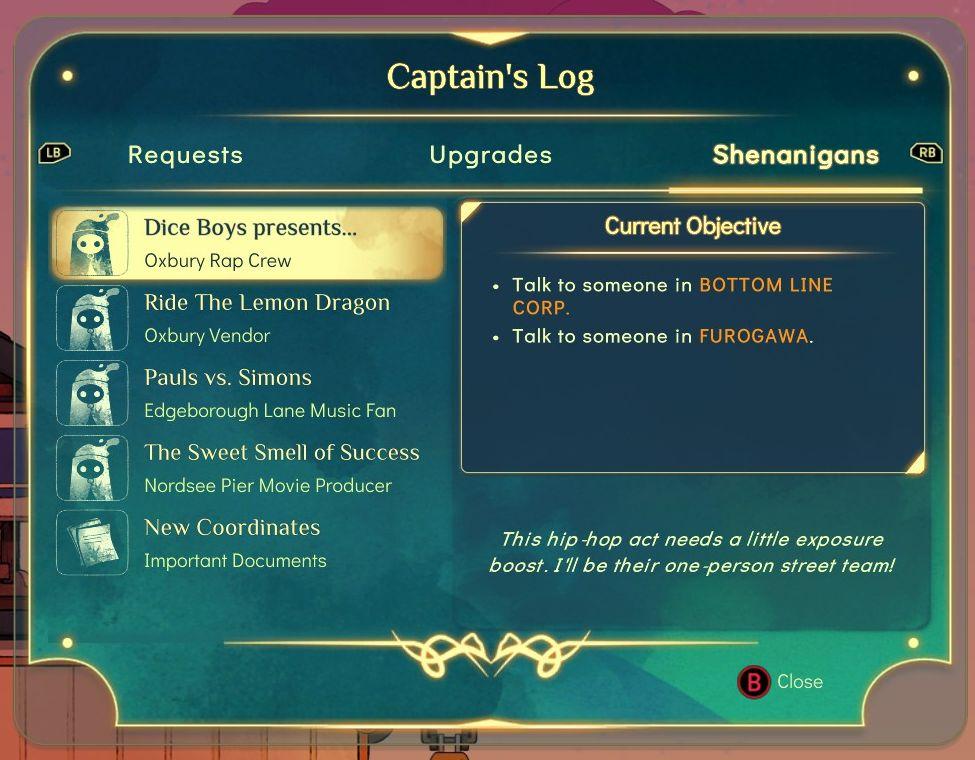 captain's log - shenanigans section from Spiritfarer: Farewell Edition UI screenshot (English)