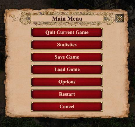 in-game main menu, load, save, restart from Age of Empires 2 Definitive Edition UI screenshot (English)