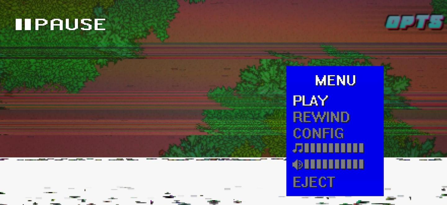 in-game pause menu is stylized as VHS controls from Hotline Miami 2 UI screenshot (English)