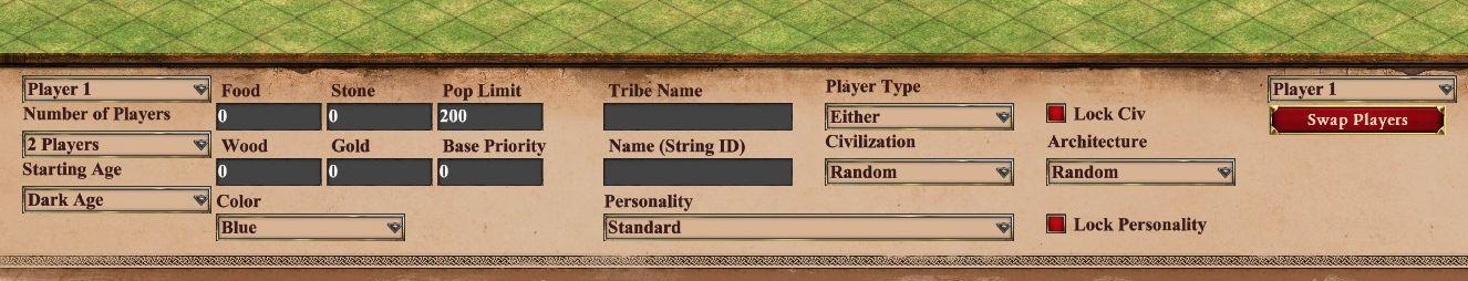 editor player options: civilization, color, starting resources, tribe name from Age of Empires 2 Definitive Edition UI screenshot (English)