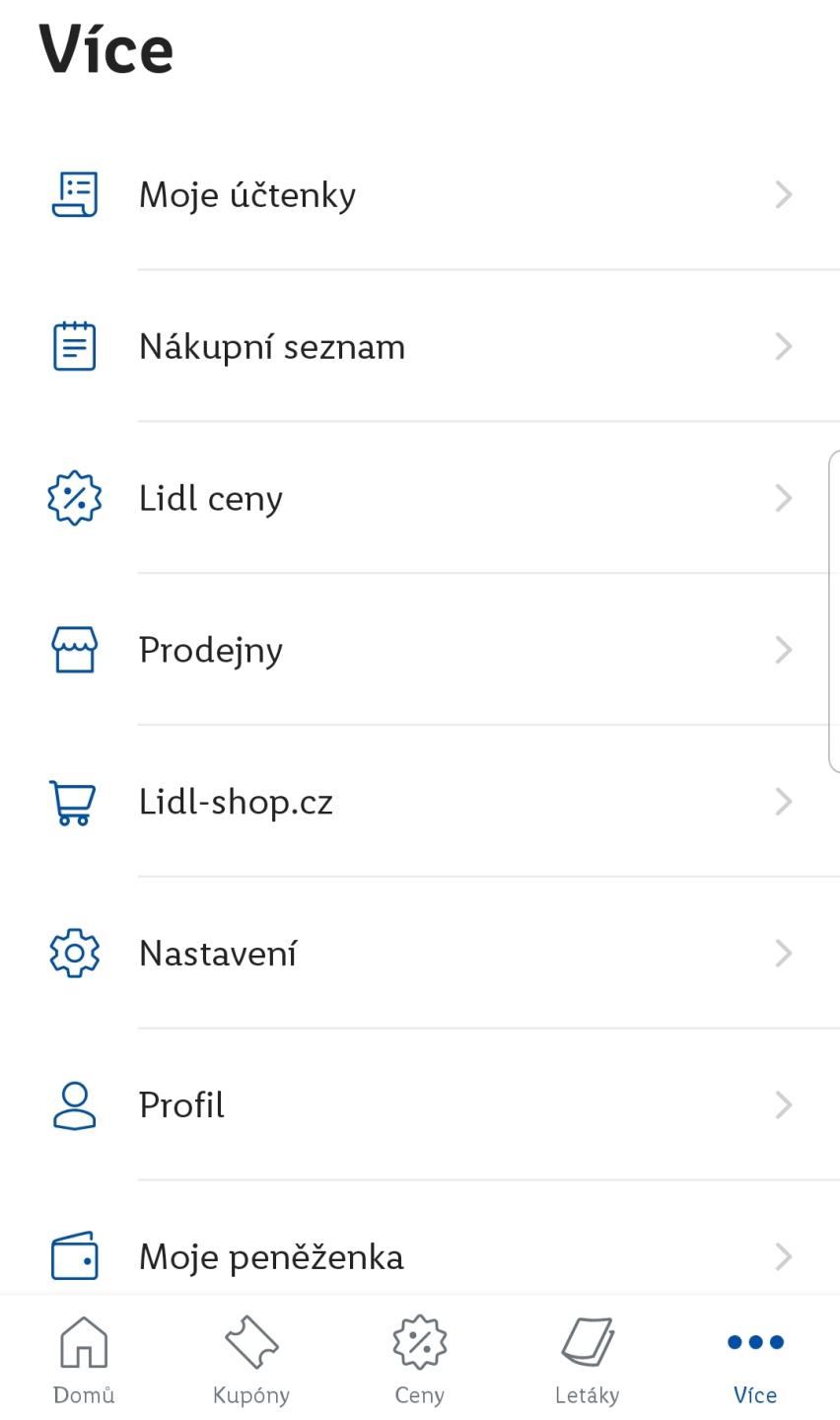 kupónová aplikace menu, coupon app menu from Lidl Plus UI screenshot (Czech)