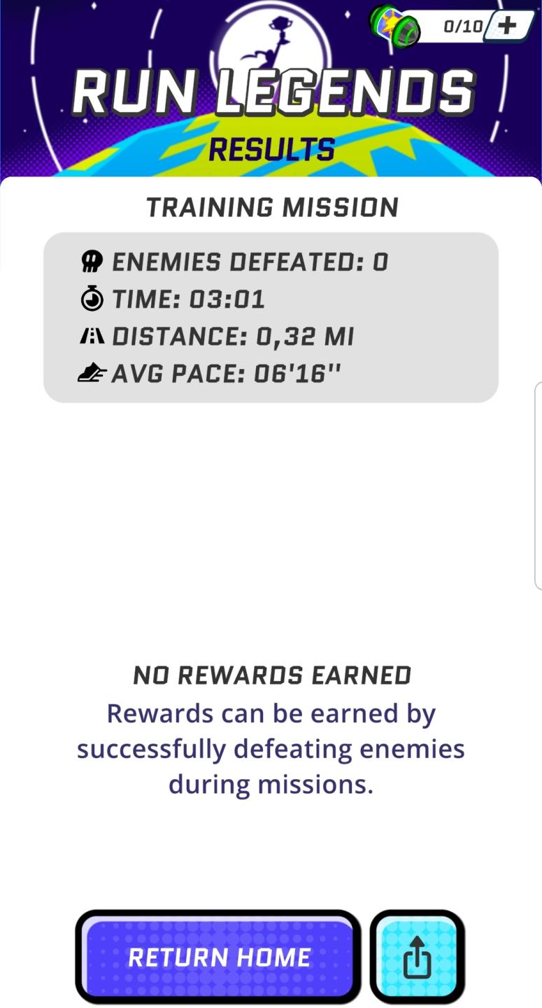 mission results, enemies defeated: 0, no rewards earned from Run Legends UI screenshot (English)