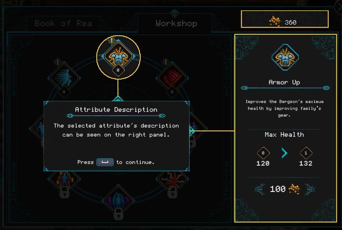 attribute description tutorial from Children of Morta UI screenshot (English)