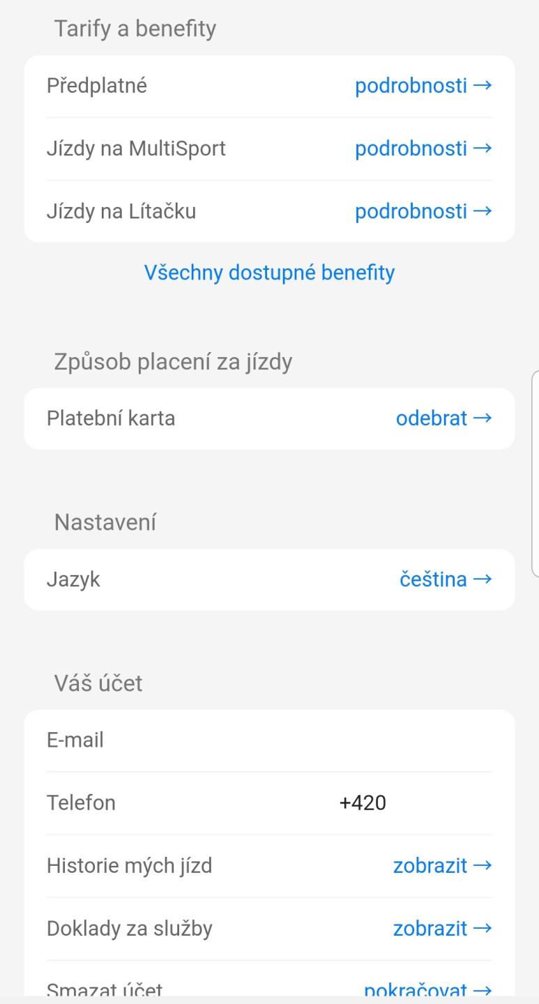 benefity, nastavení, platby, váš účet from Rekola UI screenshot (Czech)