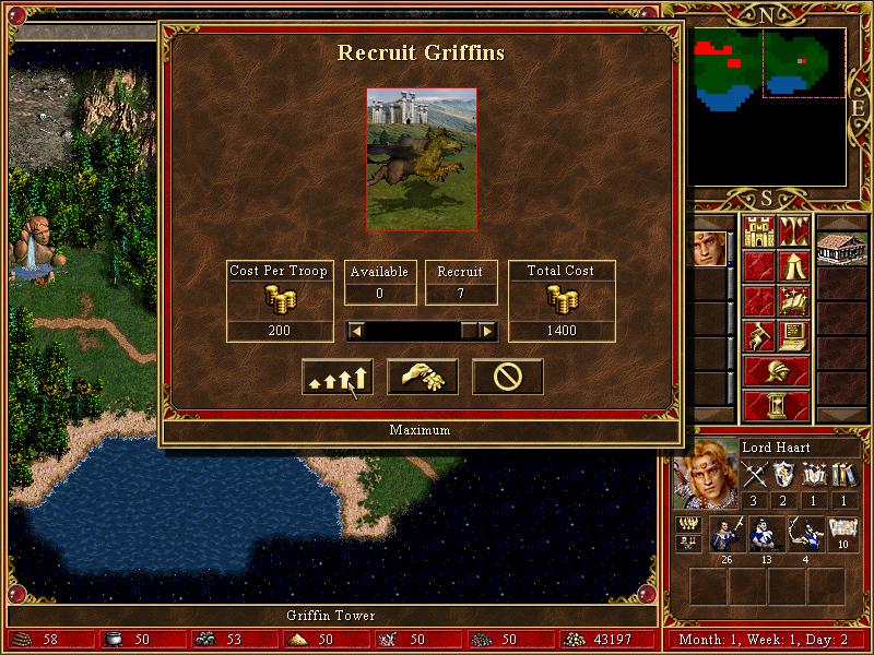 recruit maximum griffins from Heroes of Might and Magic 3: Complete UI screenshot (English)