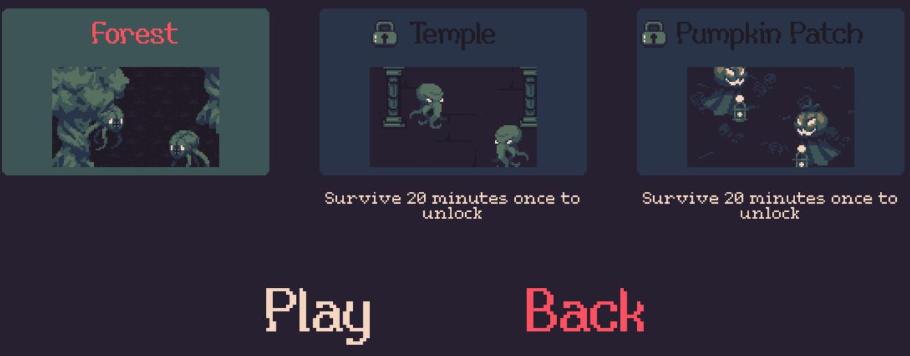 select level forest temple survive once to unlock play from 20 Minutes Till Dawn UI screenshot (English)