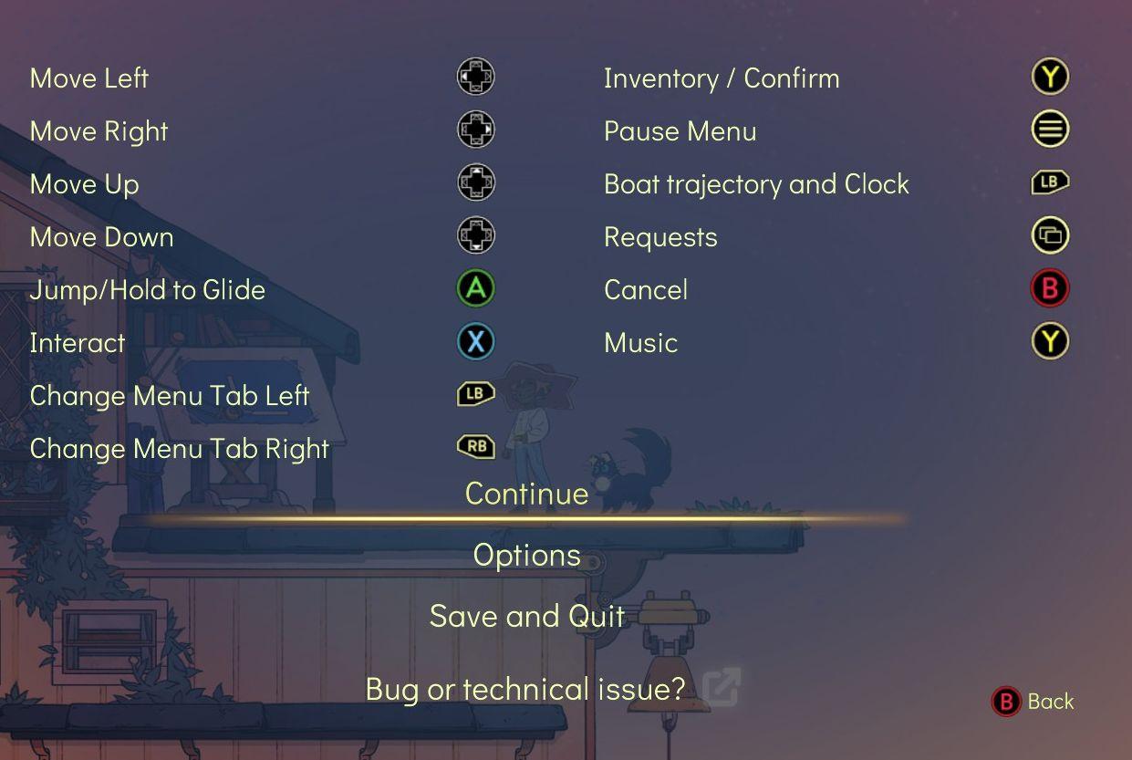 in-game menu, gamepad controls, jump, glide, interact, open from Spiritfarer: Farewell Edition UI screenshot (English)