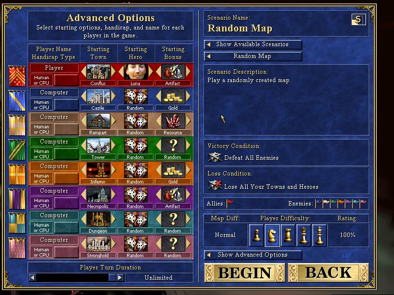 scenario advanced options from Heroes of Might and Magic 3: Complete UI screenshot (English)