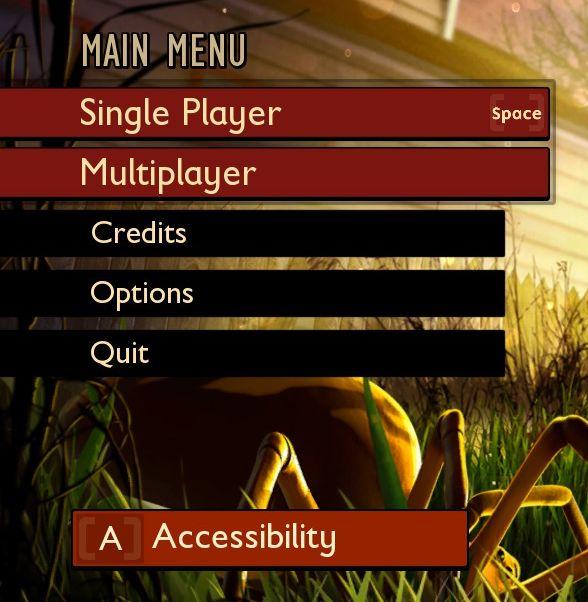 main menu, single player or multiplayer, credits, options from Grounded UI screenshot (English)