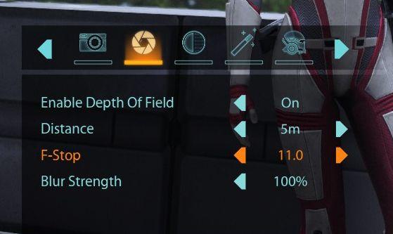 camera mode - depth of field, blur settings from Mass Effect 1 UI screenshot (English)