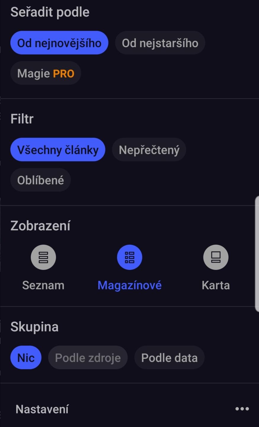 seřadit filtrovat seskupit články from Inoreader UI screenshot (Czech)