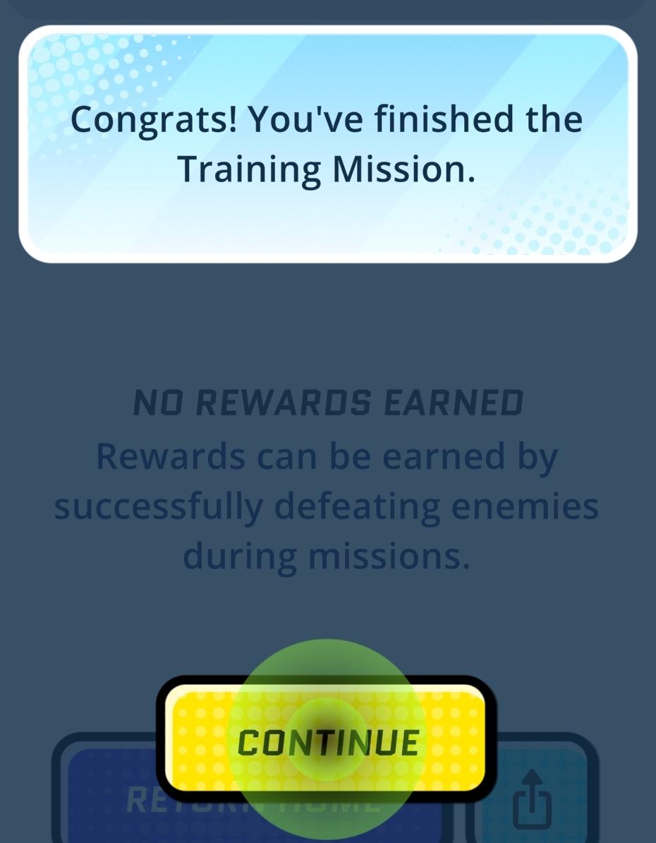 congrats! you completed the training mission from Run Legends UI screenshot (English)