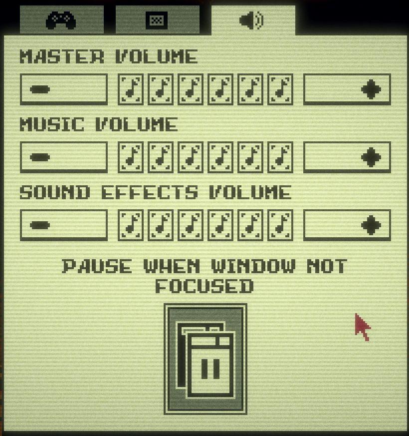 sound settings, pause sounds when window not focused from Inscryption UI screenshot (English)