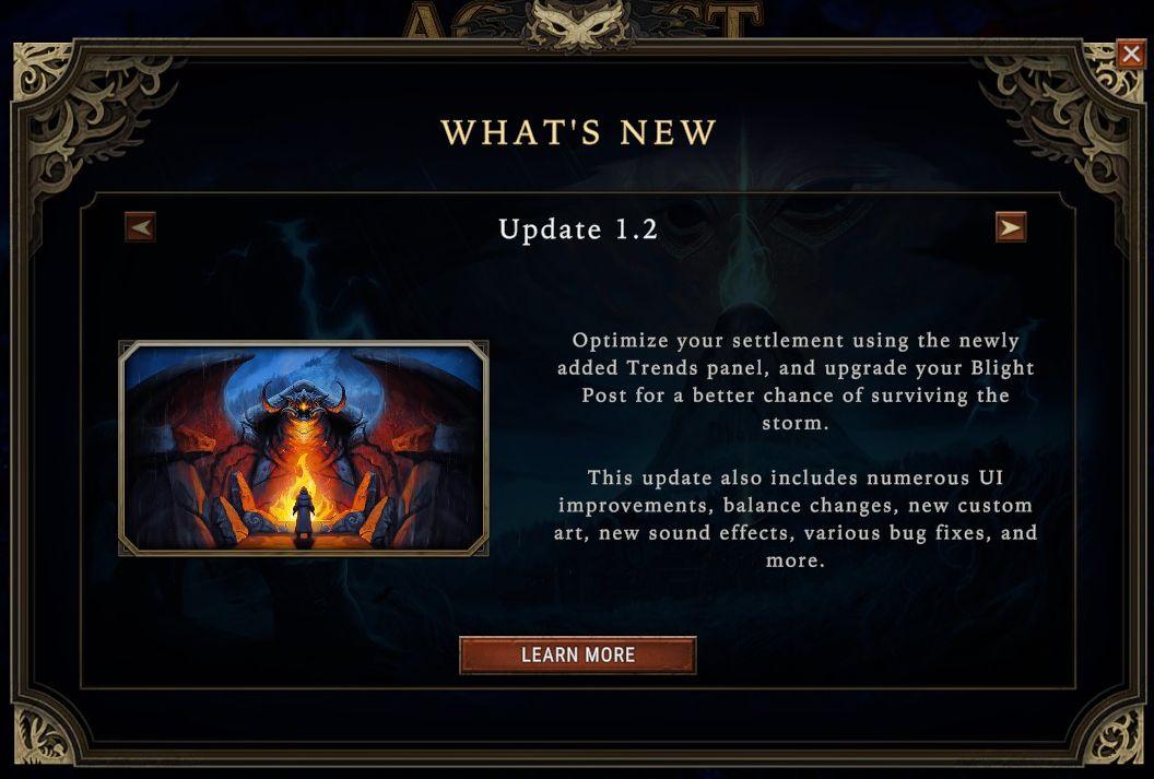 what's new, updates, learn more from Against the Storm UI screenshot (English)