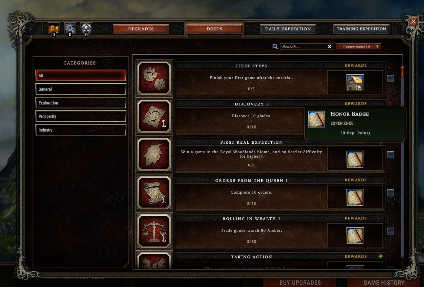 complete deeds to get rewards from Against the Storm UI screenshot (English)