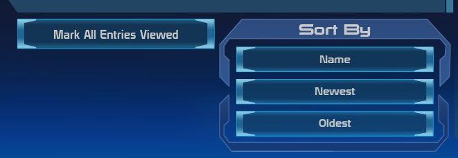 journal: sort entries by name, newest, oldest from Mass Effect 1 UI screenshot (English)