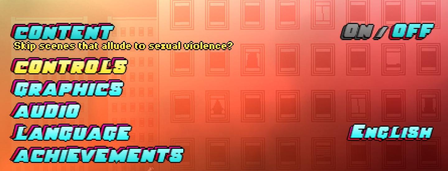 game settings, skip scenes that allude to sexual violence from Hotline Miami 2 UI screenshot (English)