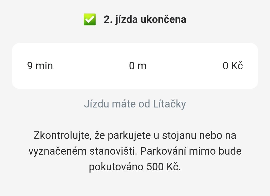 druhá jízda ukončena, jízdu máte od lítačky, zkontrolujte kde parkujete from Rekola UI screenshot (Czech)