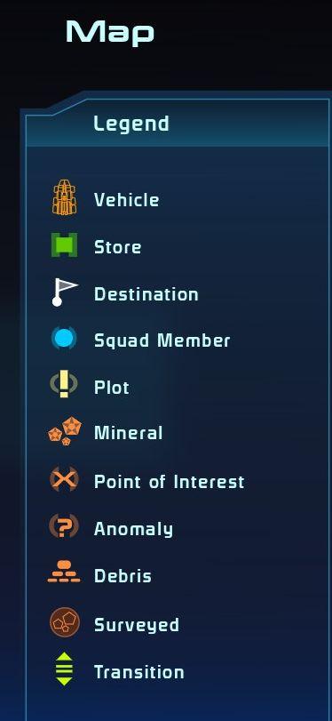 map legend (point of interest, mineral, surveyed,..) from Mass Effect 1 UI screenshot (English)