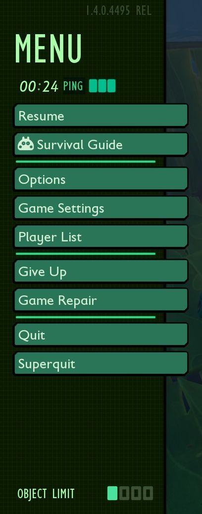 in-game menu quit, super-quit, respawn, options and settings from Grounded UI screenshot (English)