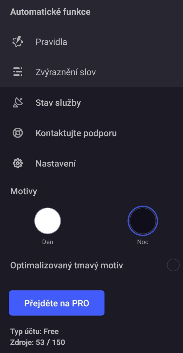 nastavení účtu motiv den noc from Inoreader UI screenshot (Czech)