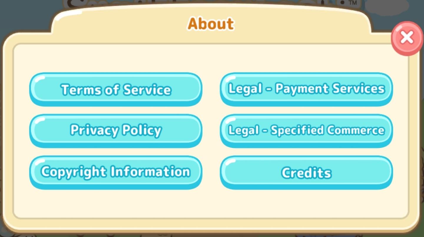 about app: terms of service, privacy policy, copyright information from Sumikko Farm UI screenshot (English)