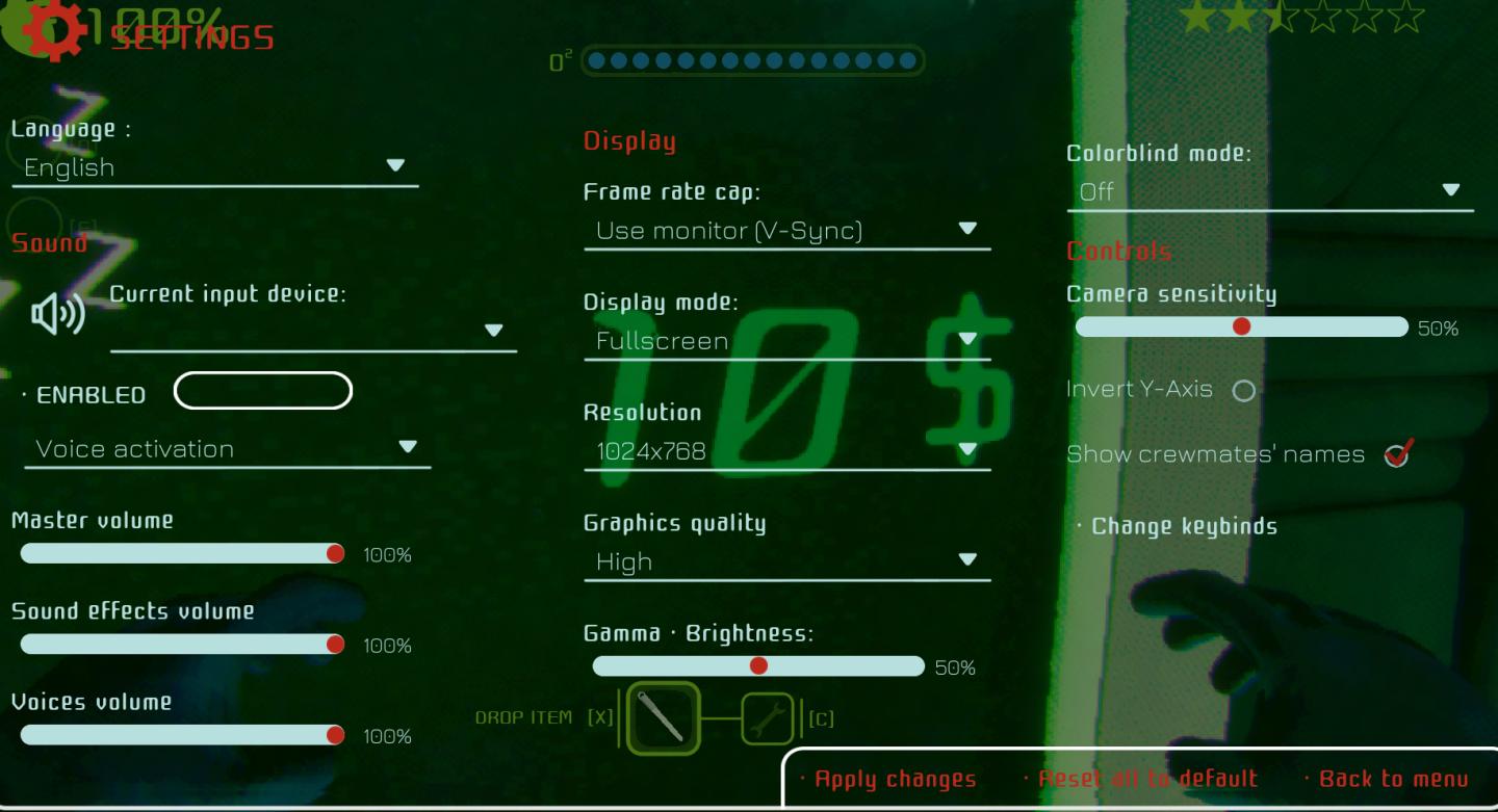 video, audio and game settings from Murky Divers UI screenshot (English)