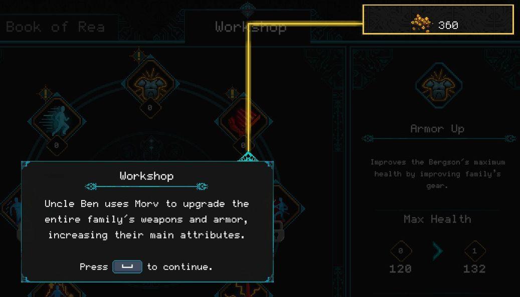 spend Morv to upgrade equipment from Children of Morta UI screenshot (English)