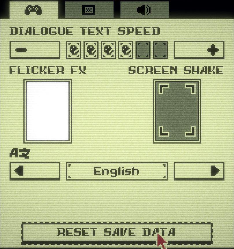 dialogue text speed, flicker and screen shake settings from Inscryption UI screenshot (English)