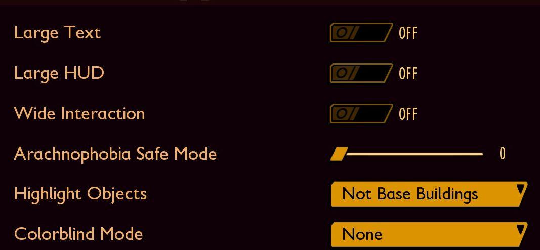 accessibility options, arachnophobia safe mode from Grounded UI screenshot (English)