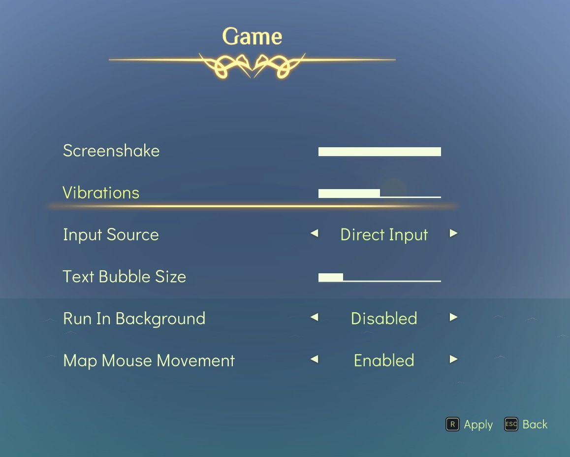 vibrations, screenshake, game and input settings from Spiritfarer: Farewell Edition UI screenshot (English)