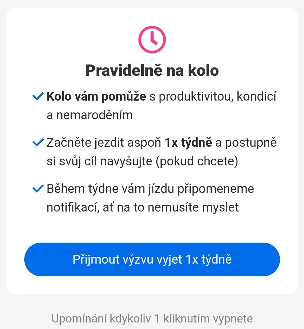 výzva pravidelně na kolo from Rekola UI screenshot (Czech)