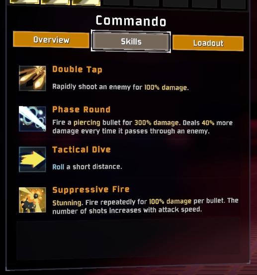 Commando class: overview, skills, loadout menu from Risk of Rain 2 UI screenshot (English)