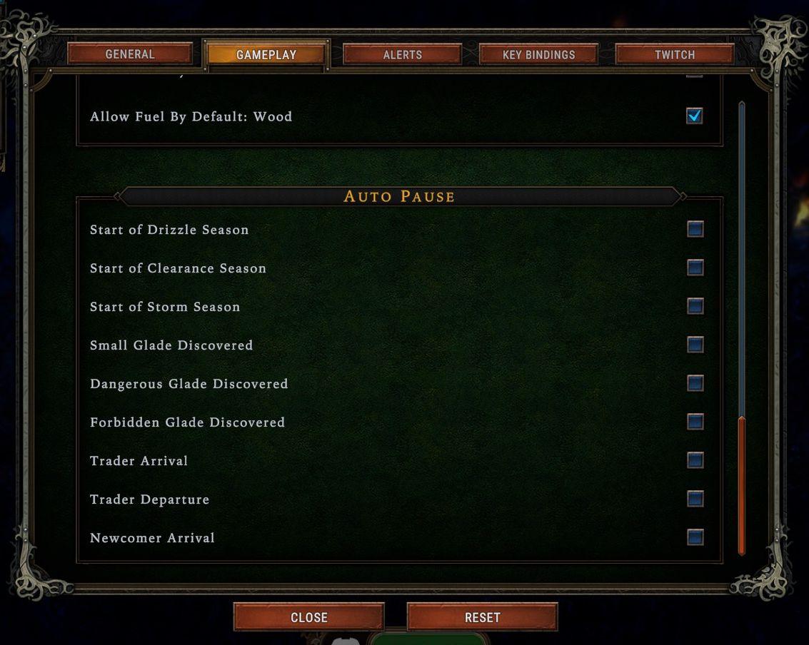 set autopause for certain events in alert settings from Against the Storm UI screenshot (English)