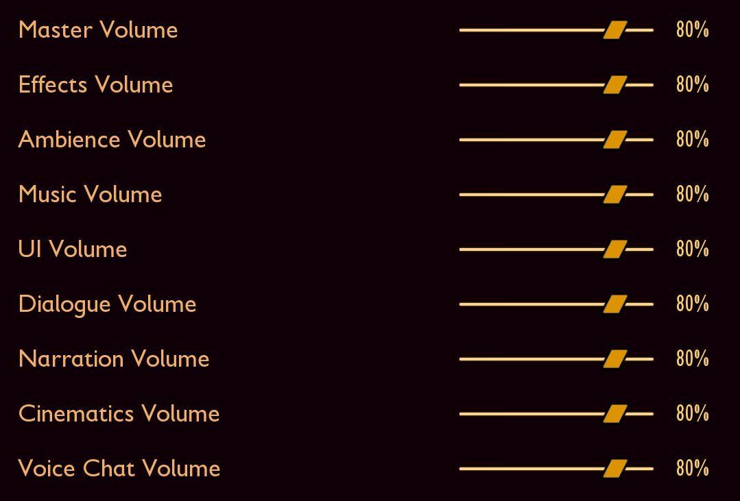 volume settings: master, music, ui, narration, ambience and more from Grounded UI screenshot (English)