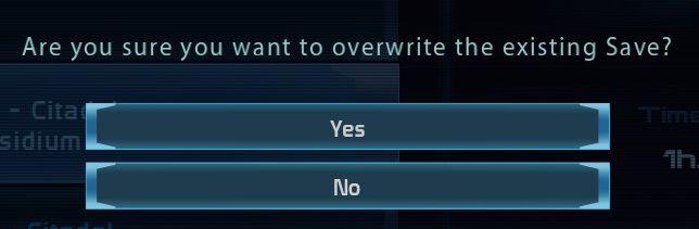 are you sure you want to overwrite the existing save? from Mass Effect 1 UI screenshot (English)