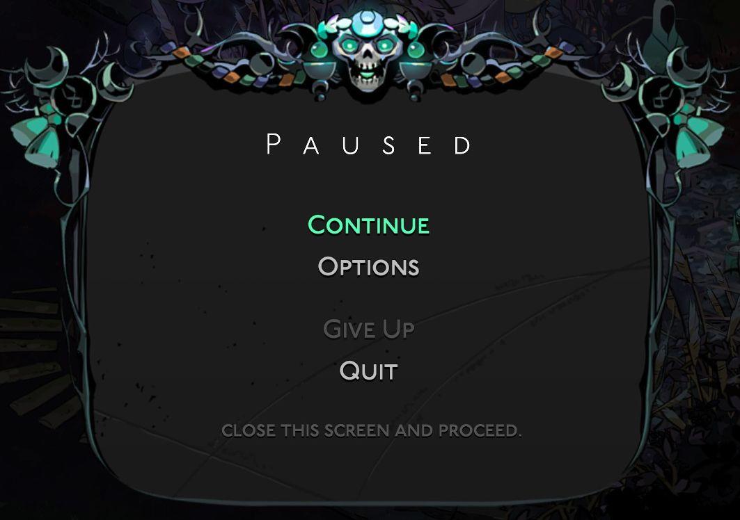 in-game pause (continue, give up, or quit) from Hades II Early Access UI screenshot (English)