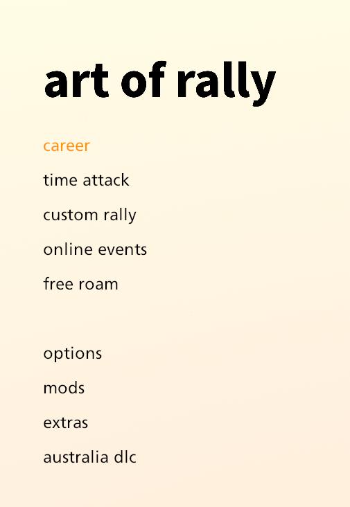 main menu racegame from art of rally UI screenshot (English)