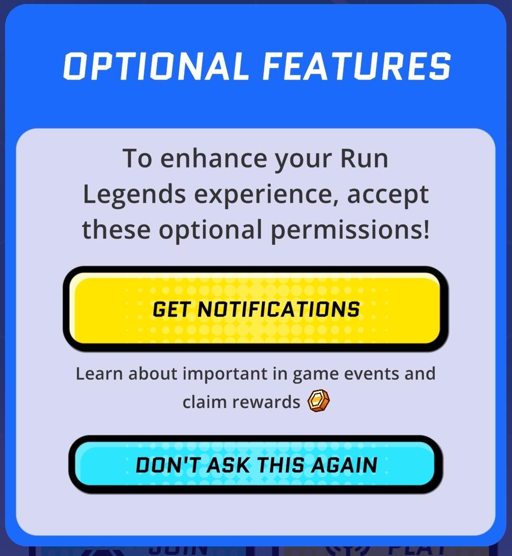 optional features dialog, enable notifications, don't ask this again from Run Legends UI screenshot (English)