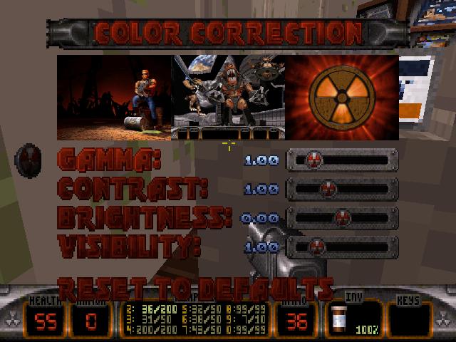 color correction: adjust gamma, brightness, contrast, or visibility from Duke Nukem 3D Atomic Edition UI screenshot (English)