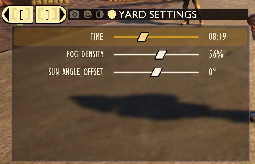 camera mode - yard settings (select time, fog strength or sun angle) from Grounded UI screenshot (English)