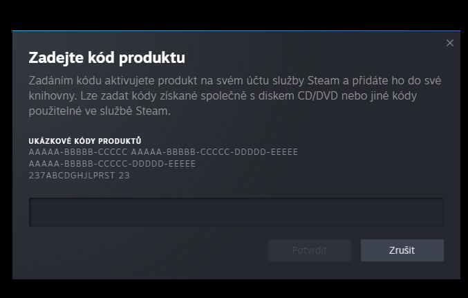 Zadejte kód produktu from Steam UI screenshot (Czech)