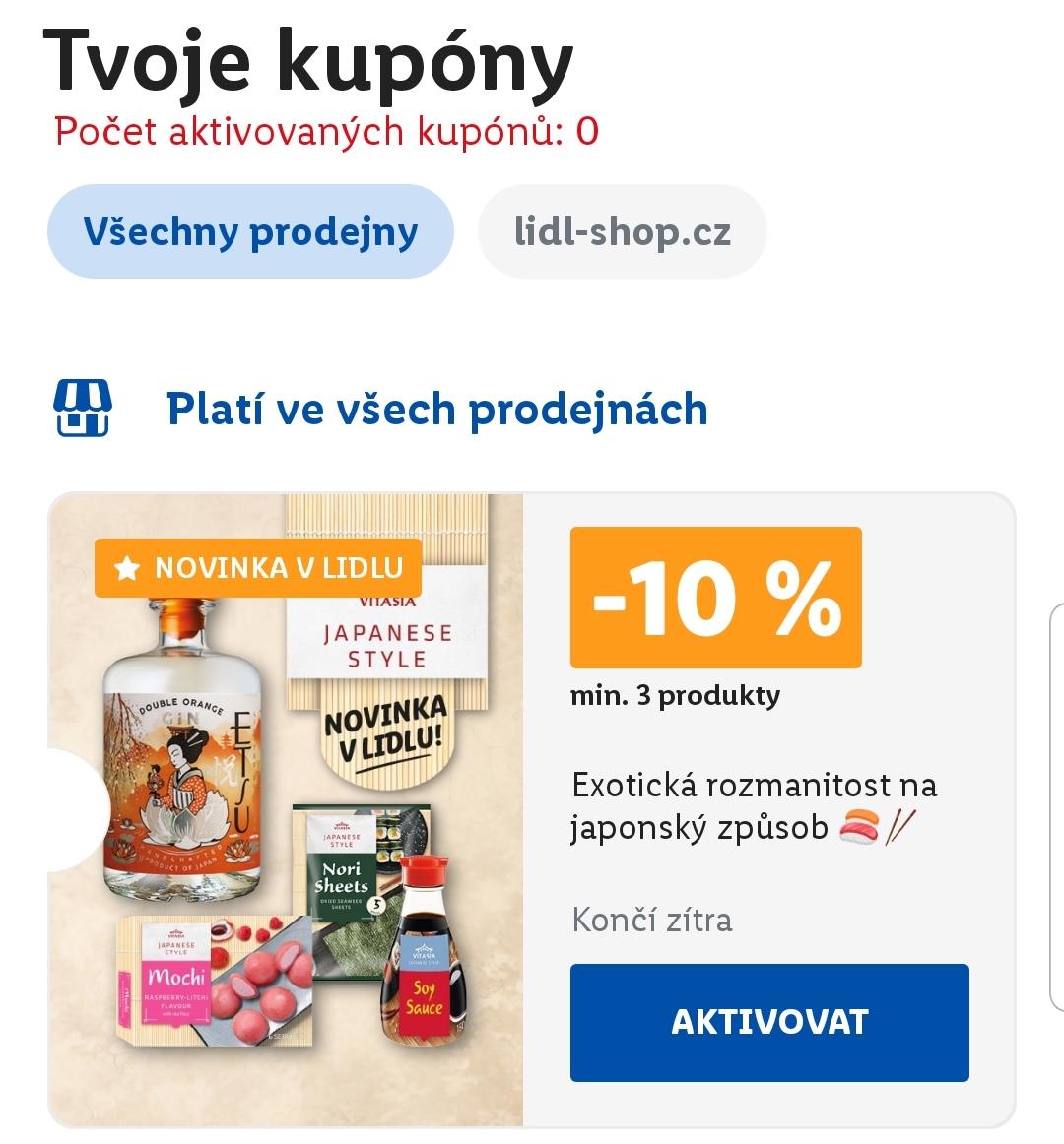 kupónová aplikace tvoje kupóny aktivovat platí ve všech prodejnách from Lidl Plus UI screenshot (Czech)